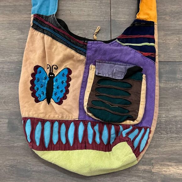 Vintage 90s Hippie Baba Boho Patchwork Crossbody Messenger Bag Buttefly One Size - Picture 2 of 7